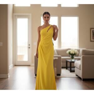 Betsy & Adam Yellow One‑Shoulder Cutout Gown – Size 8P, NWT, Zip Closure